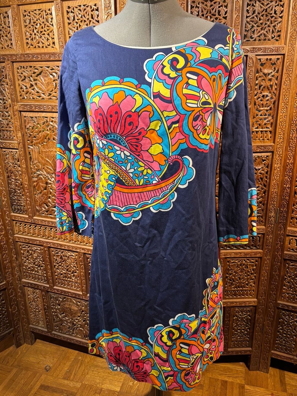 Lilly Pulitzer Navy Shift Dress with Bright Floral Motifs
